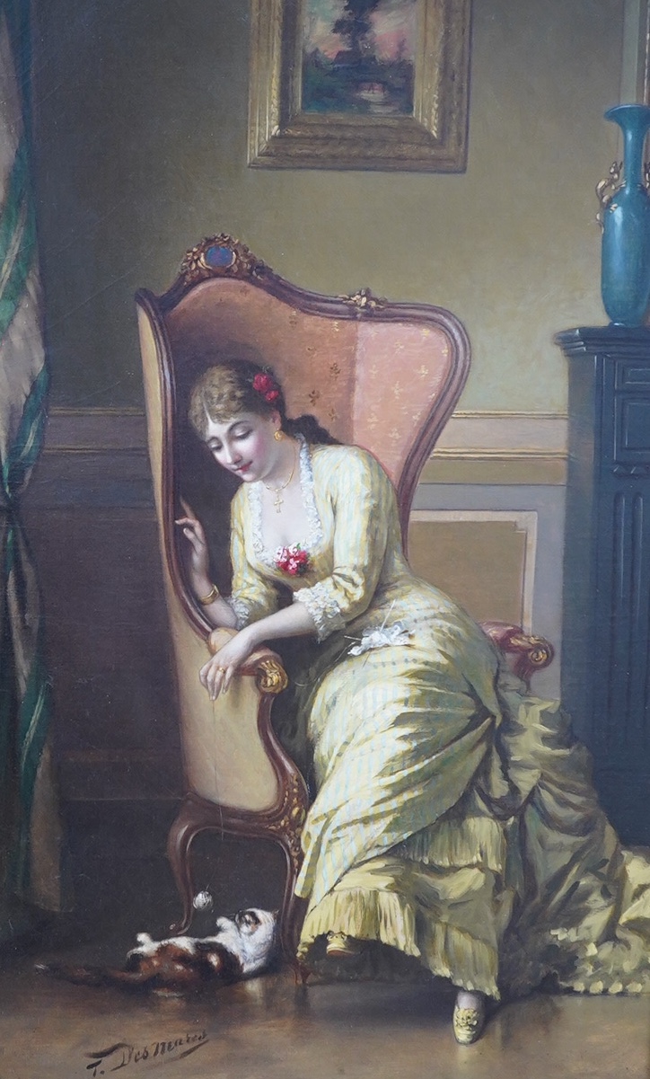 Louis Francois Desmarest (French, 1814-1882), oil on canvas, Interior scene with seated lady and cat, signed, 68 x 42cm, ornate gilt frame. Condition - good, some very minor craquelure, Provenance - Sothebys Billingshurs